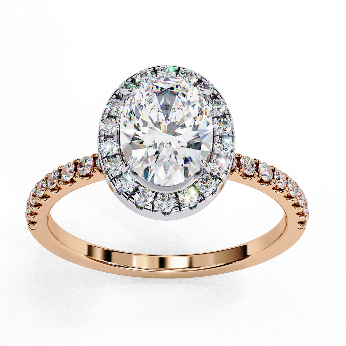 Top-down view of a rose gold oval cut diamond engagement ring with a brilliant diamond halo.