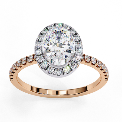 Top-down view of a rose gold oval cut diamond engagement ring with a brilliant diamond halo.