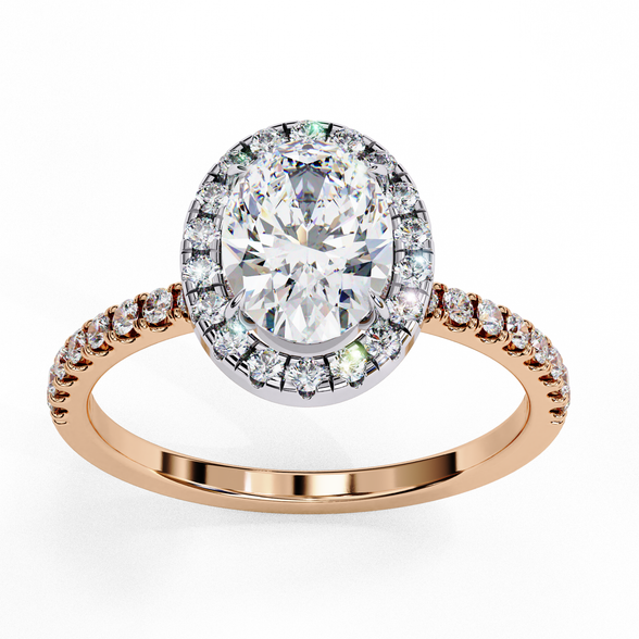 Top-down view of a rose gold oval cut diamond engagement ring with a brilliant diamond halo.