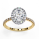 Top-down view of a yellow gold oval cut diamond engagement ring with a brilliant diamond halo.