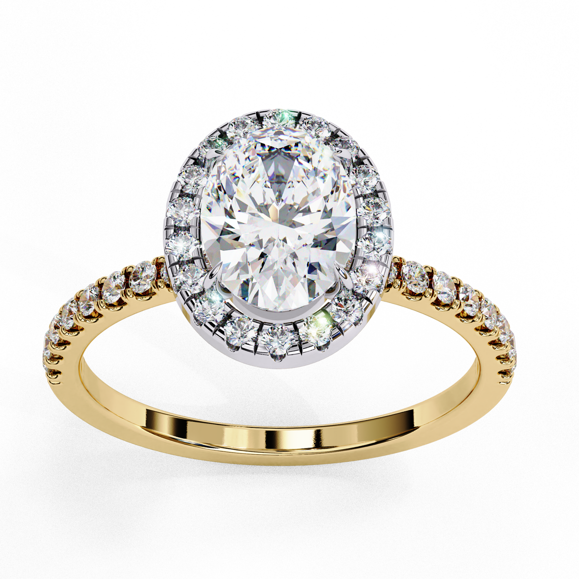 Top-down view of a yellow gold oval cut diamond engagement ring with a brilliant diamond halo.
