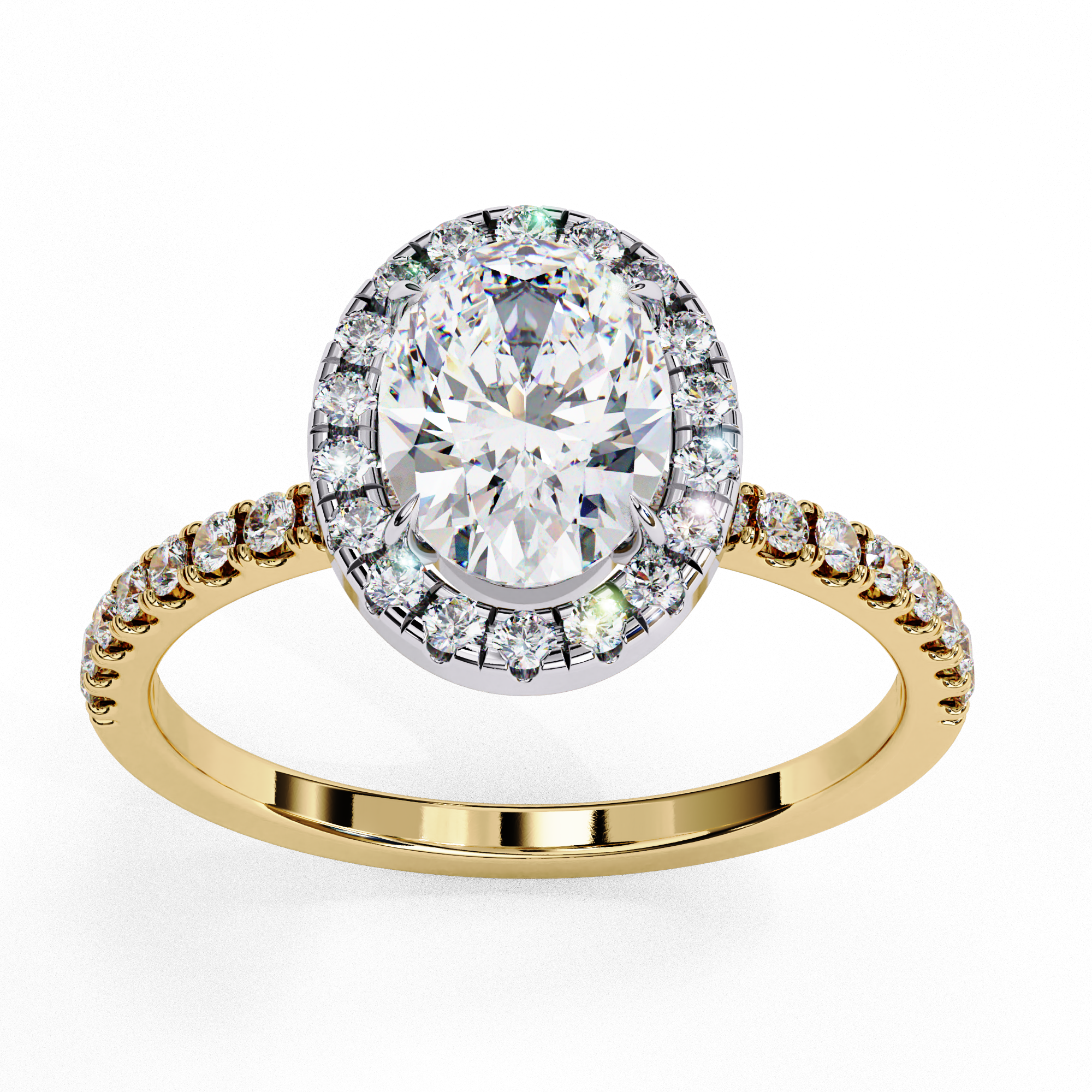 Top-down view of a yellow gold oval cut diamond engagement ring with a brilliant diamond halo.