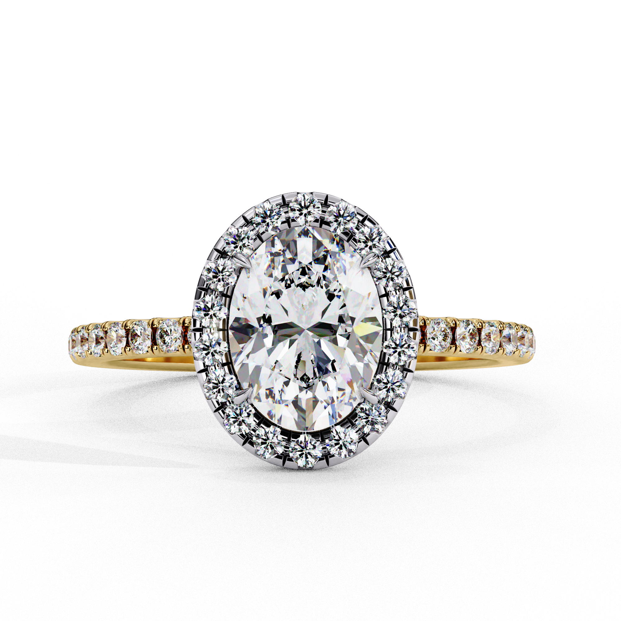 Front view of a yellow gold oval cut diamond halo engagement ring.