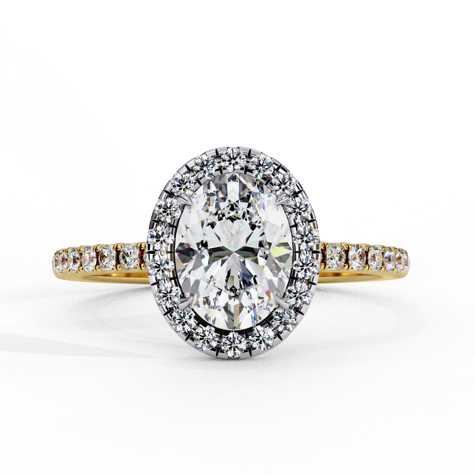 Front view of a yellow gold oval cut diamond halo engagement ring.