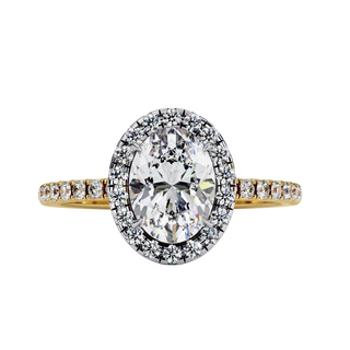 Oval diamond halo engagement ring shown in yellow gold.