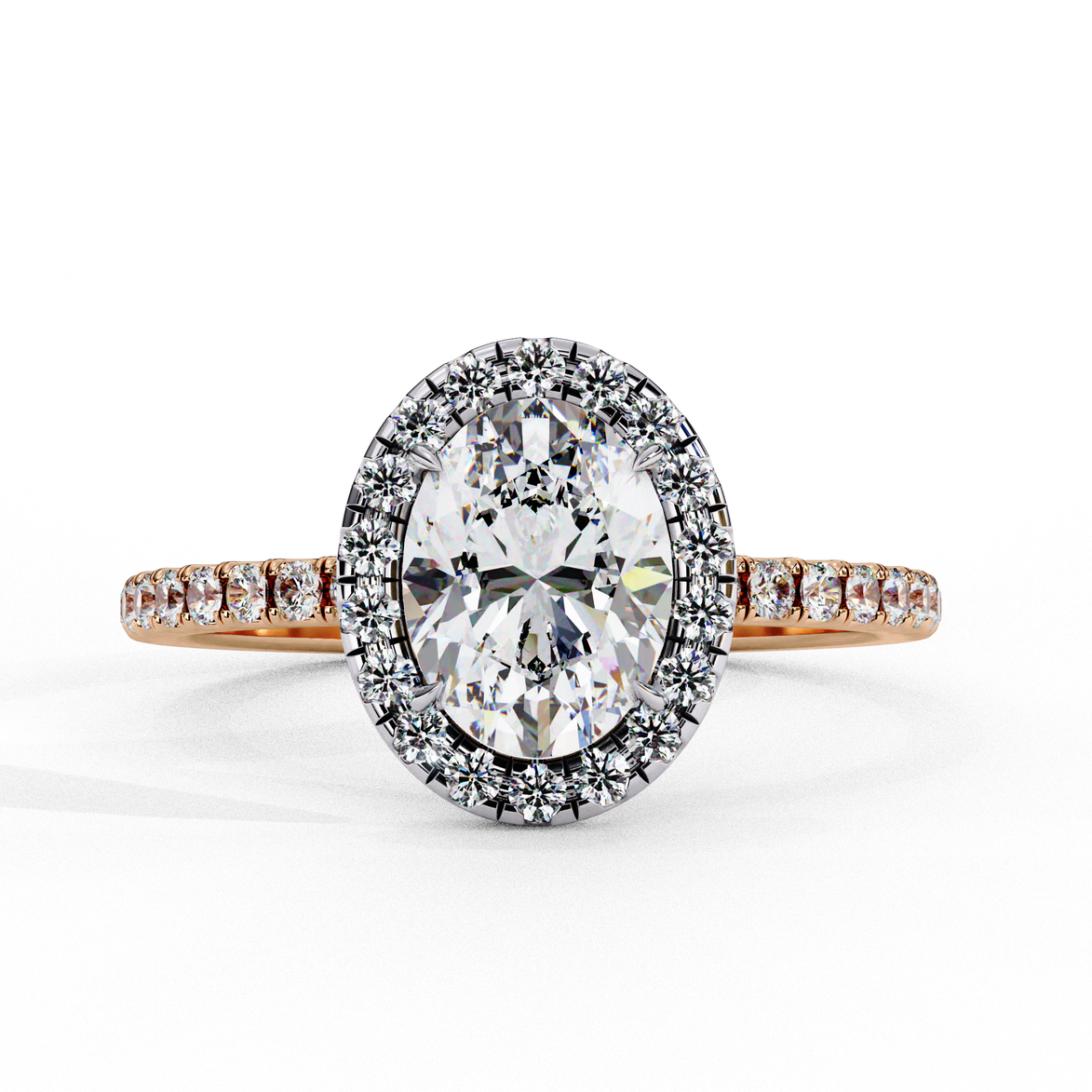 Front view of a rose gold oval cut diamond halo engagement ring.
