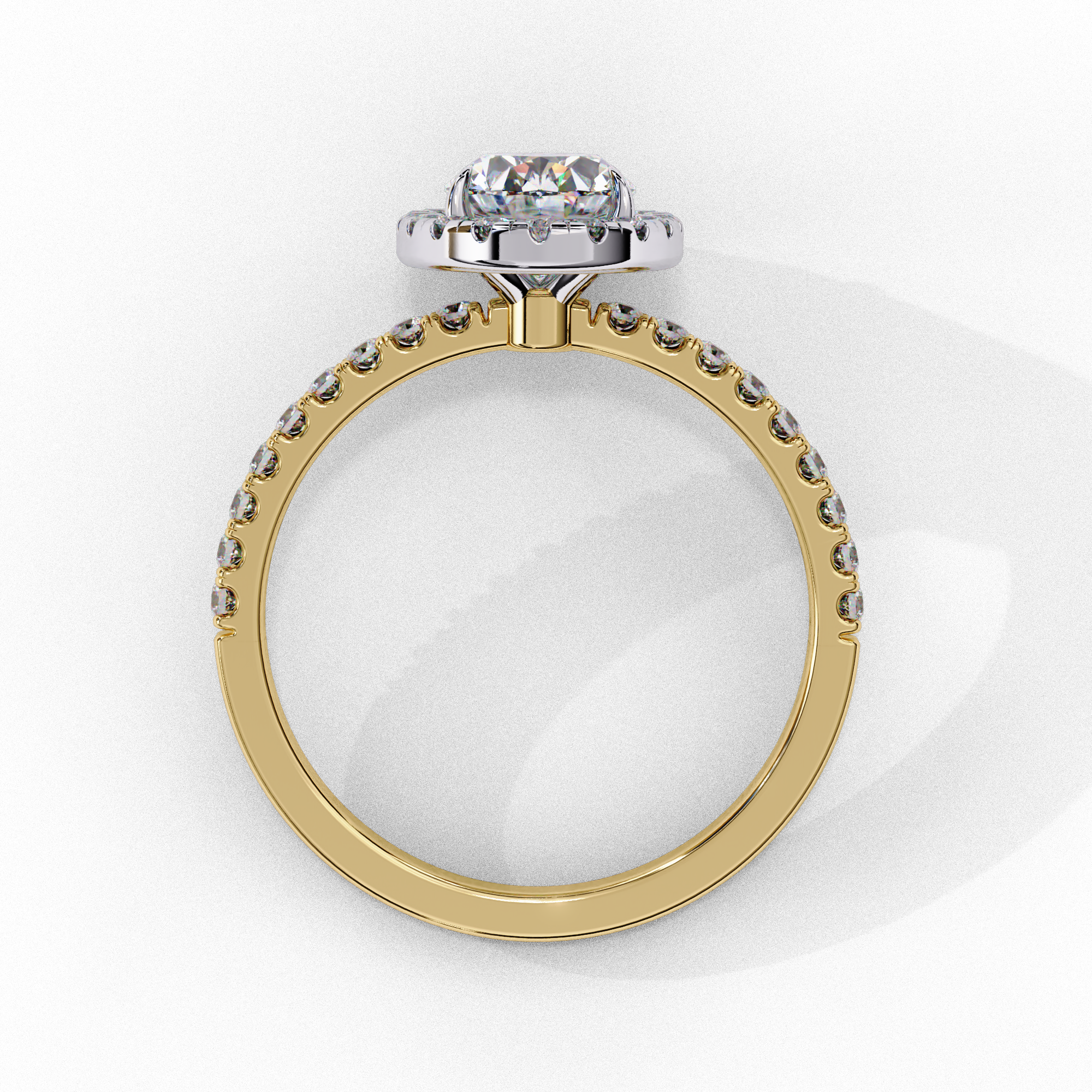 Side profile of a yellow gold oval cut diamond engagement ring showing the low-profile basket construction.