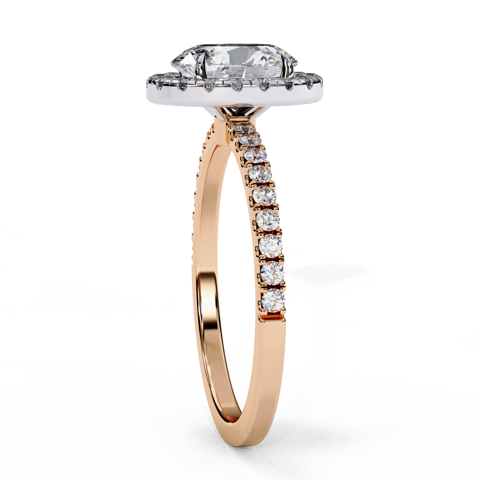 Side profile view of a rose gold oval cut diamond engagement ring with a pavé band.