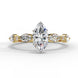 Front view of a yellow gold marquise cut diamond engagement ring with alternating marquise and round brilliant side stones.