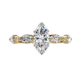 Front view of a yellow gold marquise cut diamond engagement ring with alternating marquise and round brilliant side stones.