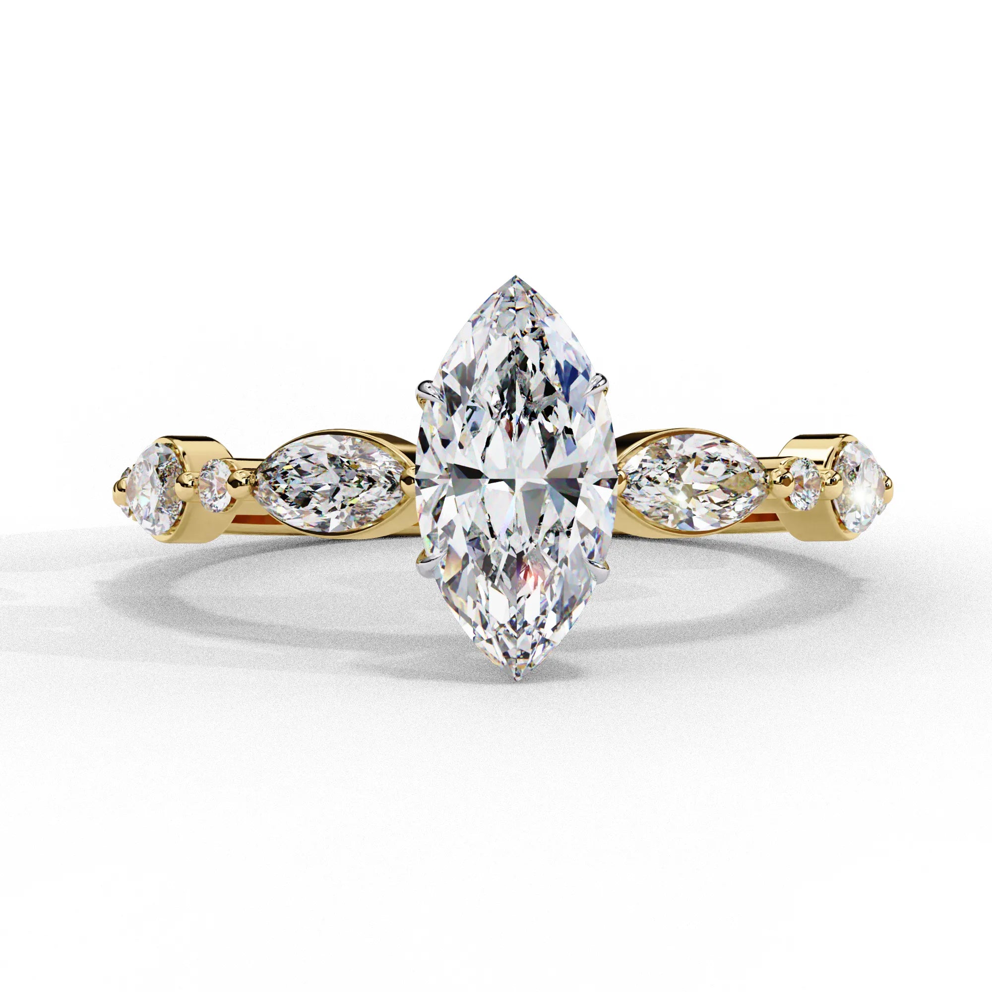 Front view of a yellow gold marquise cut diamond engagement ring with alternating marquise and round brilliant side stones.