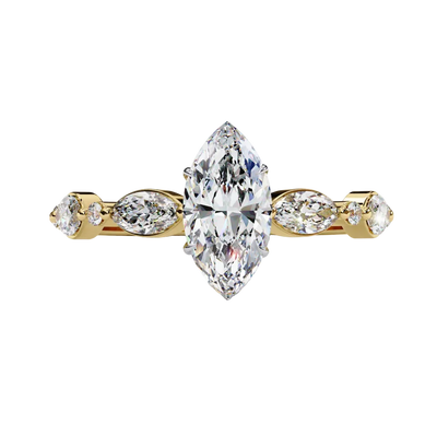 Front view of a yellow gold marquise cut diamond engagement ring with alternating marquise and round brilliant side stones.