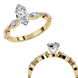 Close-up angled shot of a yellow gold marquise cut diamond engagement rings side by side.