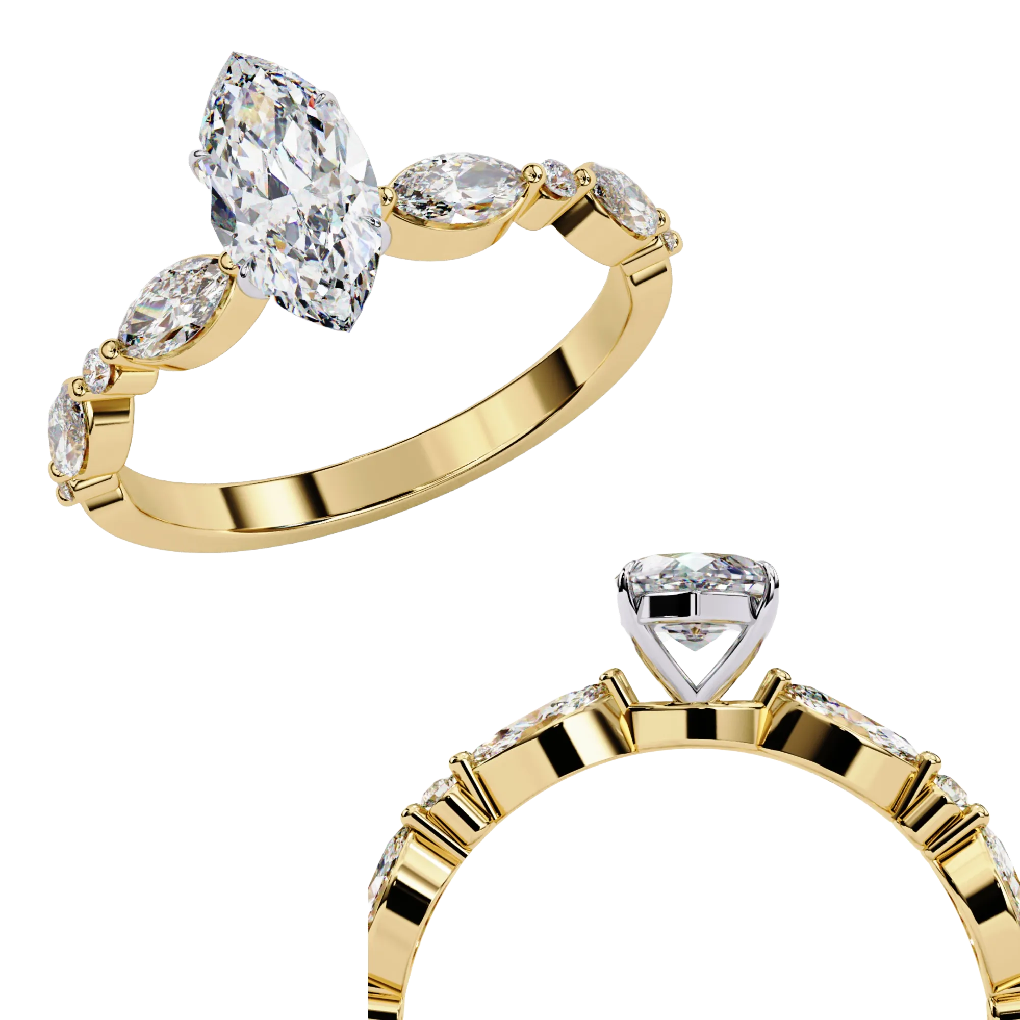 Close-up angled shot of a yellow gold marquise cut diamond engagement rings side by side.