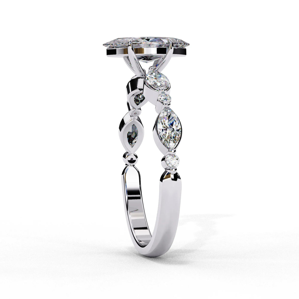 Side profile view of a white gold marquise cut diamond engagement ring showcasing an elegant cathedral gallery profile.