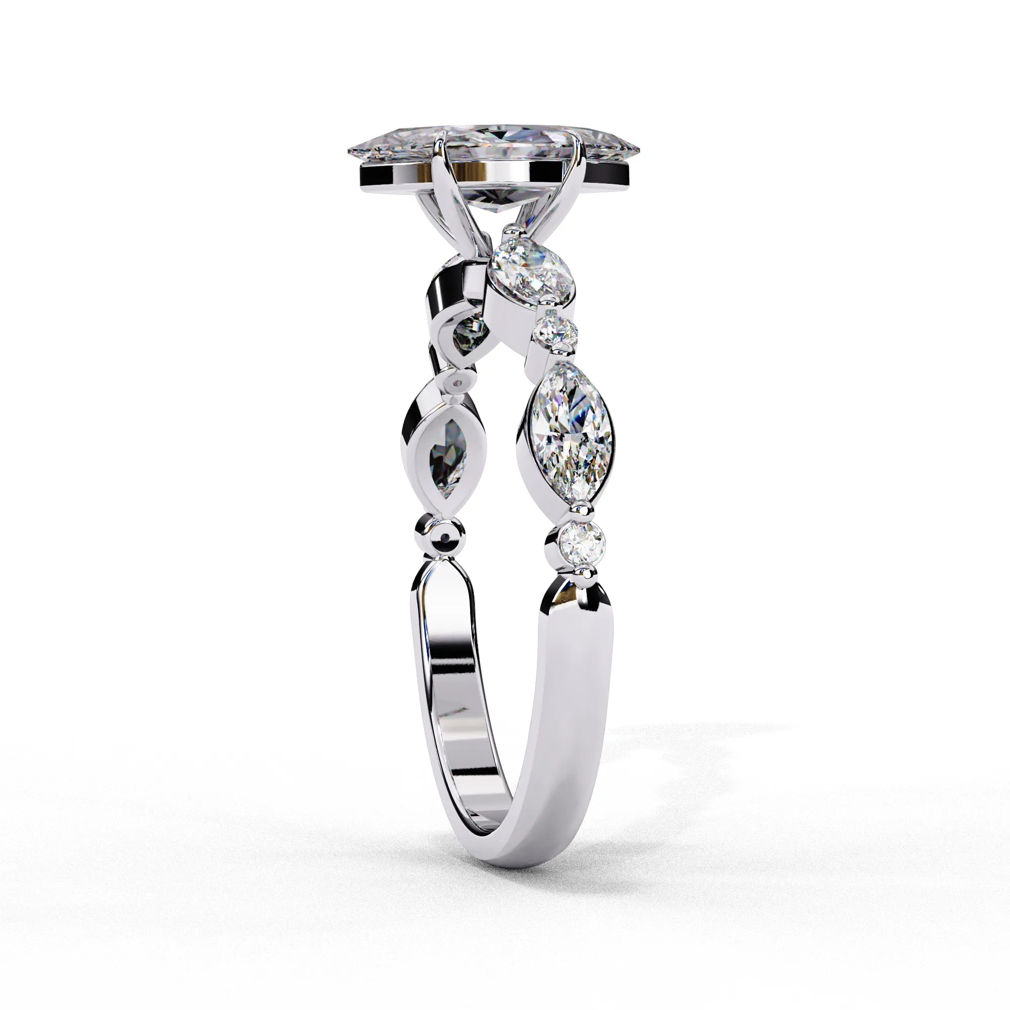 Side profile view of a white gold marquise cut diamond engagement ring showcasing an elegant cathedral gallery profile.