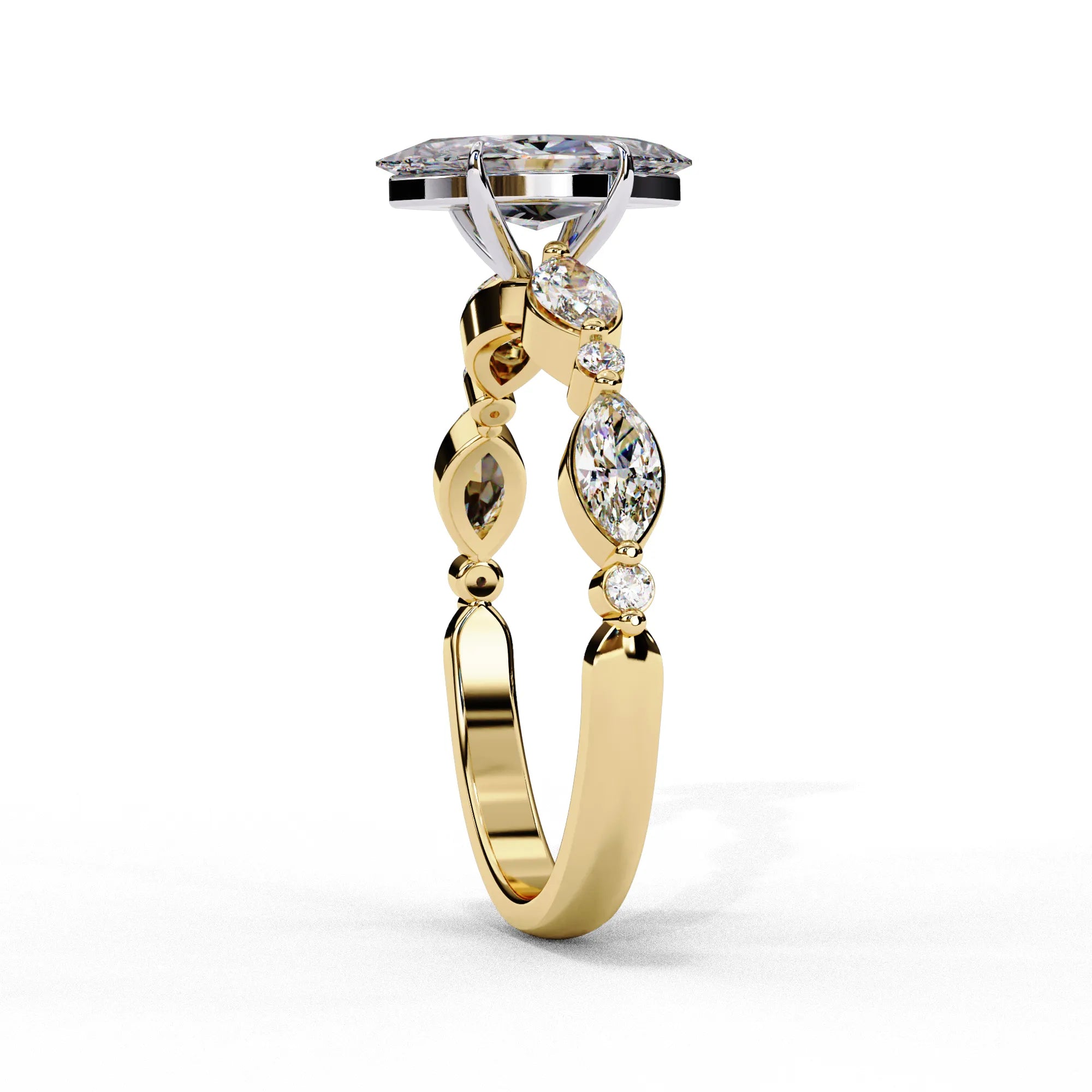 Side profile view of a yellow gold marquise cut diamond engagement ring showcasing an elegant cathedral gallery profile.