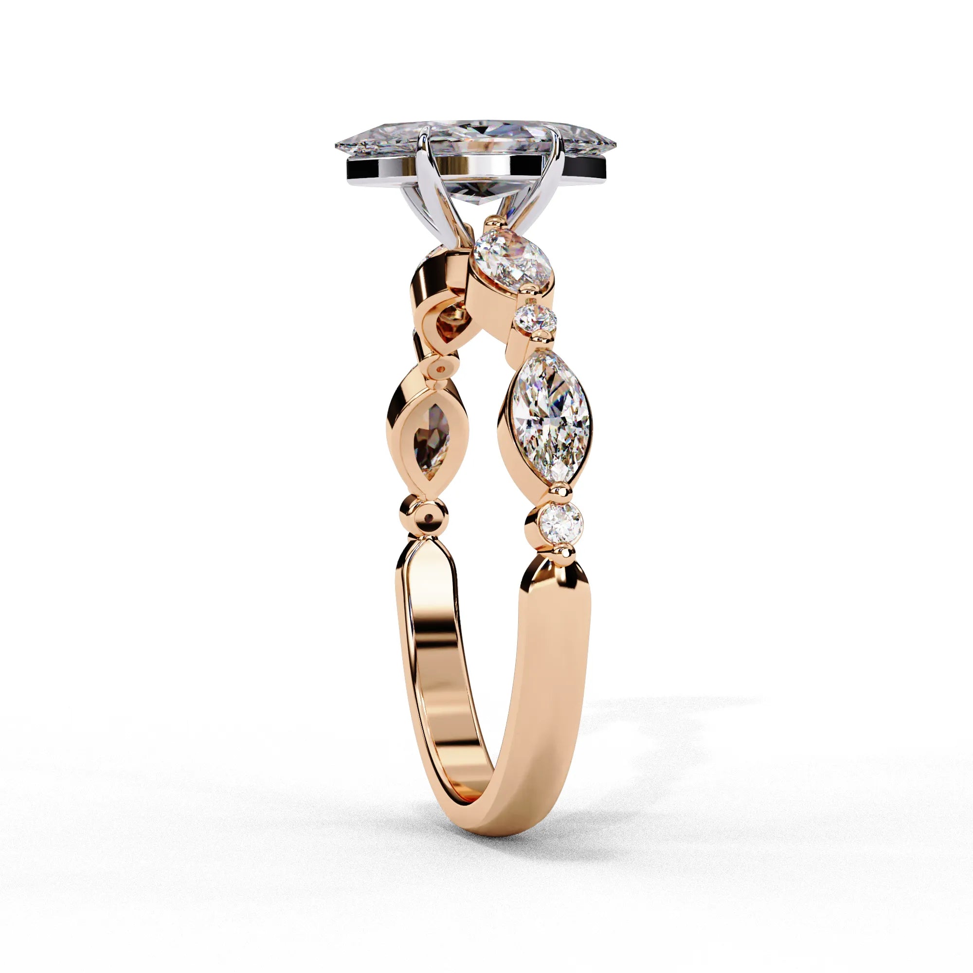 Side profile view of a rose gold marquise cut diamond engagement ring showcasing an elegant cathedral gallery profile.