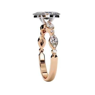 Side profile view of a rose gold marquise cut diamond engagement ring showcasing an elegant cathedral gallery profile.