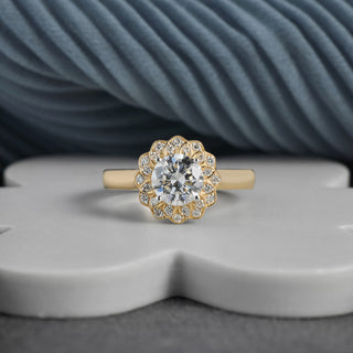 Round Lab Grown Diamond Scalloped Floral Halo Engagement Ring