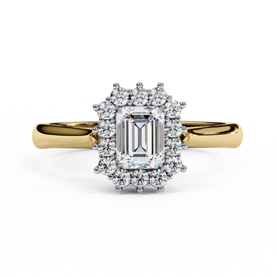 : Front-facing view of a yellow gold art deco emerald halo diamond ring.