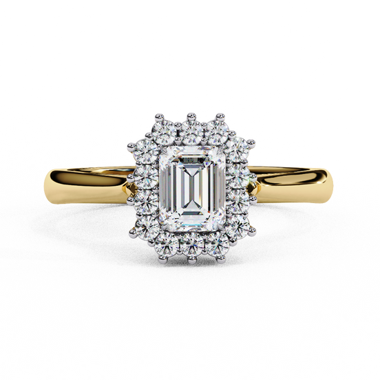 : Front-facing view of a yellow gold art deco emerald halo diamond ring.