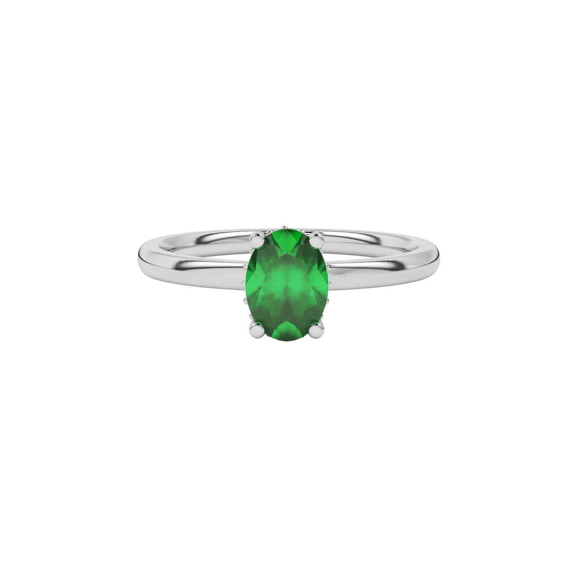 Close-up oval cut emerald green gemstone ring, white gold pavé basket.