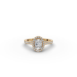 1.02 ct Oval Lab Grown Diamond Pavé Halo Engagement Ring in yellow gold, front view
