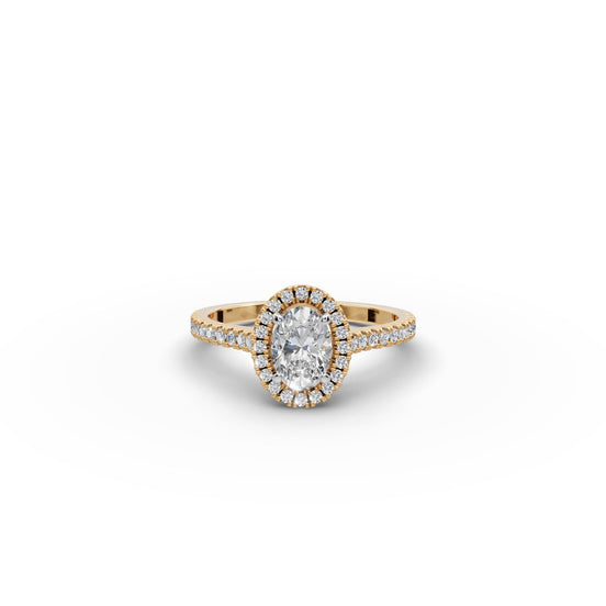 1.02 ct Oval Lab Grown Diamond Pavé Halo Engagement Ring in yellow gold, front view