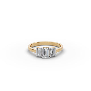 1.04 ct Emerald Lab Grown Diamond Three Stone Ring in yellow gold, front view