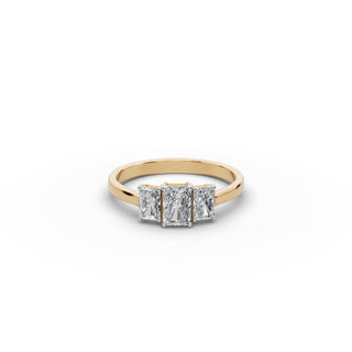 1.04 ct Radiant Lab Grown Diamond Three Stone Ring in yellow gold, front view