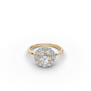 1.18 ct Round Lab Grown Diamond Bezel Halo Engagement Ring in yellow gold, front view