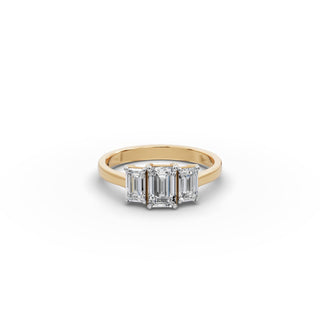 1.25 ct Emerald Lab Grown Diamond Three Stone Ring in yellow gold, front view