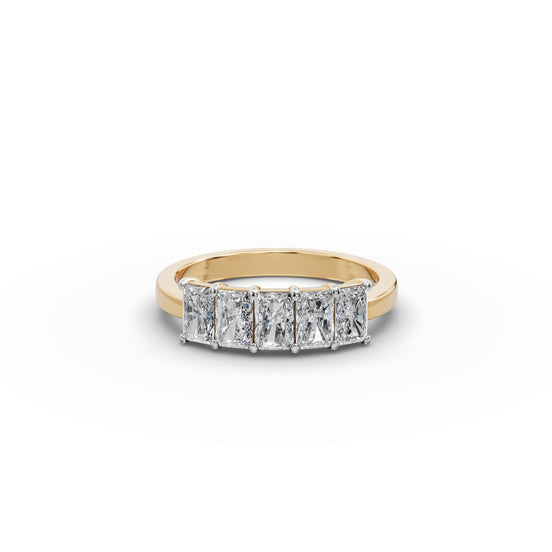 1.25 ct Radiant Lab Grown Diamond Five Stone Band in yellow gold, front view