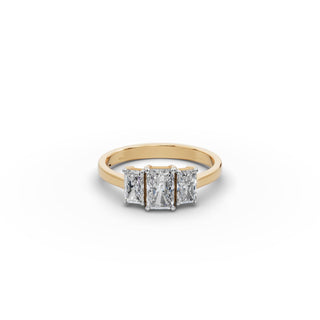 1.25 ct Radiant Lab Grown Diamond Three Stone Ring in yellow gold, front view