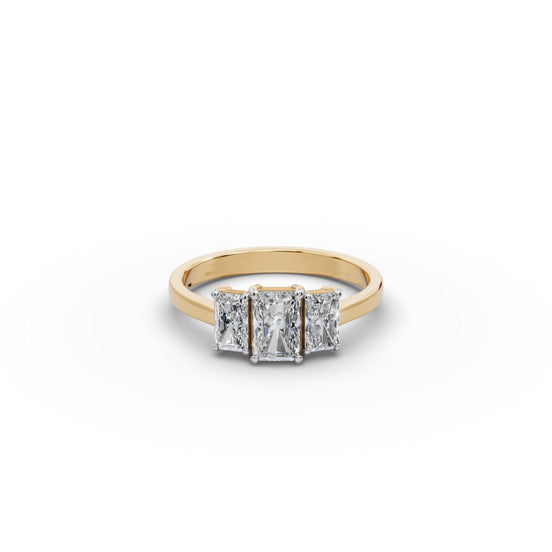 1.25 ct Radiant Lab Grown Diamond Three Stone Ring in yellow gold, front view