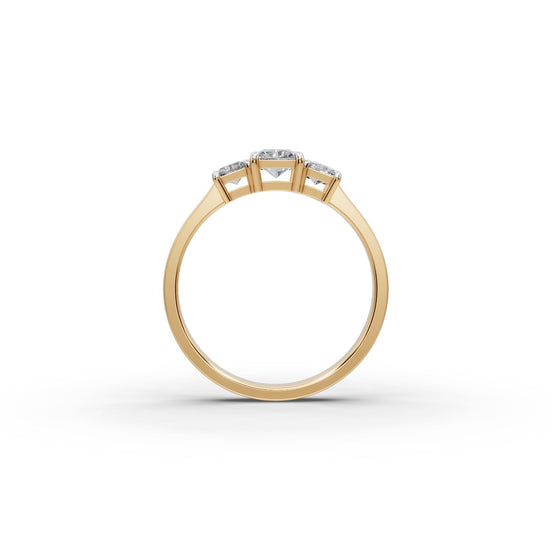 1.25 ct Radiant Lab Grown Diamond Three Stone Ring in yellow gold, view 2