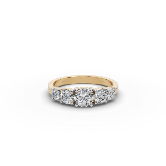 1.25 ct Round Lab Grown Diamond Five Stone Ring in yellow gold, front view