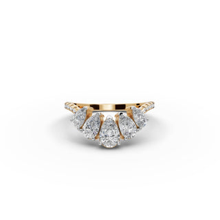 1.402 ct Pear and Round Lab Grown Diamond Band in yellow gold, front view