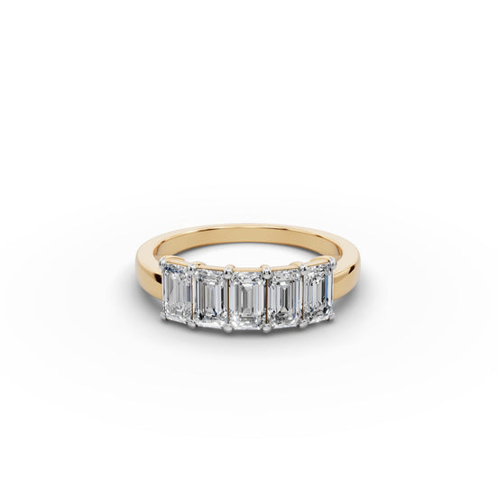 1.5 ct Emerald Lab Grown Diamond Five Stone Band in yellow gold, front view