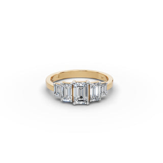 1.5 ct Emerald Lab Grown Diamond Five Stone Ring in yellow gold, front view