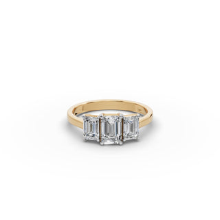 1.5 ct Emerald Lab Grown Diamond Three Stone Ring in yellow gold, front view