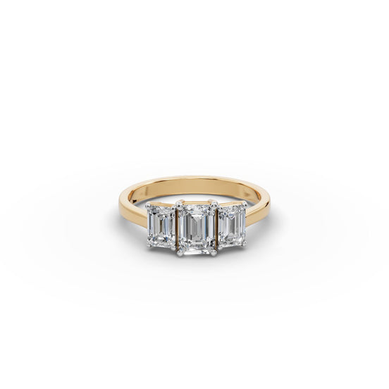 1.5 ct Emerald Lab Grown Diamond Three Stone Ring in yellow gold, front view