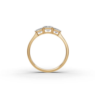 1.5 ct Emerald Lab Grown Diamond Three Stone Ring in yellow gold, view 2