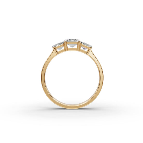 1.5 ct Emerald Lab Grown Diamond Three Stone Ring in yellow gold, view 2