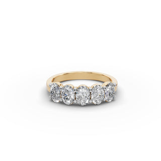1.5 ct Oval Lab Grown Diamond Five Stone Band in yellow gold, front view