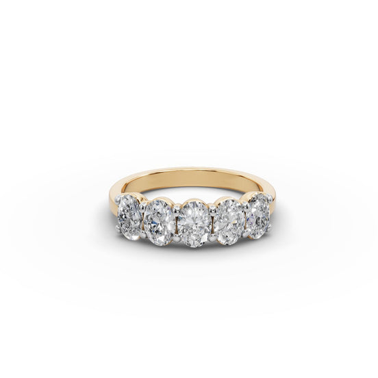 1.5 ct Oval Lab Grown Diamond Five Stone Band in yellow gold, front view