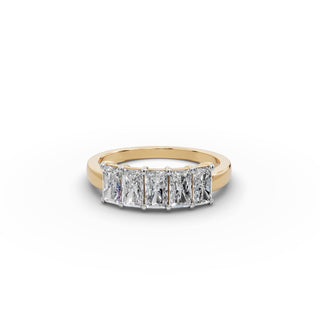 1.5 ct Radiant Lab Grown Diamond Five Stone Band in yellow gold, front view