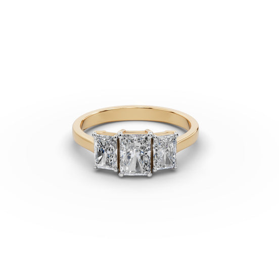 1.5 ct Radiant Lab Grown Diamond Three Stone Ring in yellow gold, front view