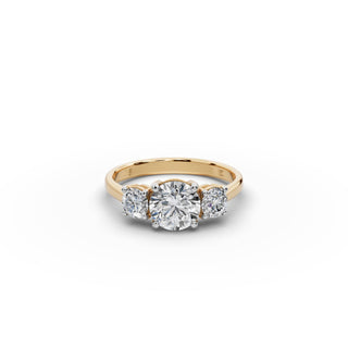 1.5 ct Round Lab Grown Diamond Three Stone Ring in yellow gold, front view